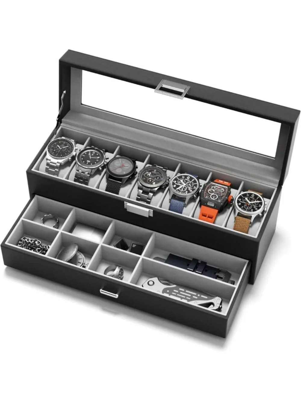 Men's 7-Slot Watch Case Box - Real Glass Display, Jewelry Drawer, PU Leather